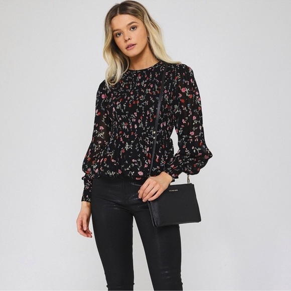 Ganni Tops - GANNI Black Floral Print Georgette Smock Blouse